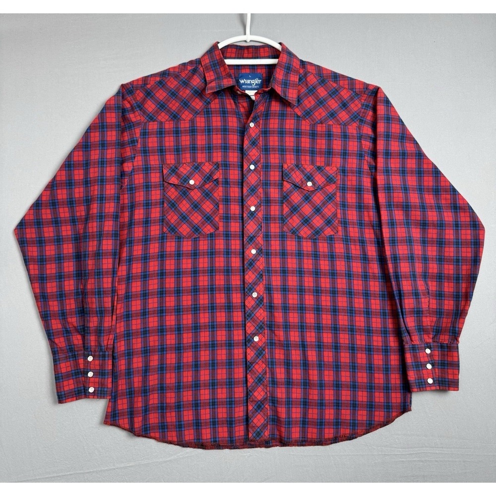 Vintage Wrangler Red Blue Plaid Pearl Snap Shirt Mens Large 90s Cowboy Western